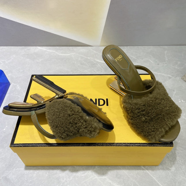 FENDI FIRST HIGH HEEL 95 MM SANDAL IN OLIVE GREEN MINK FUR