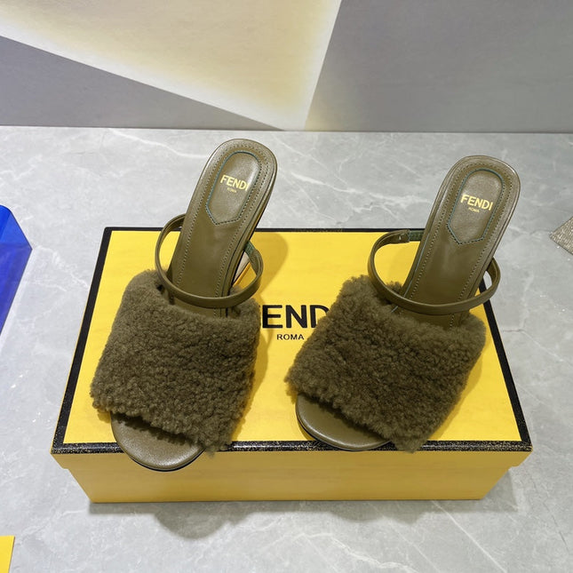 FENDI FIRST HIGH HEEL 95 MM SANDAL IN OLIVE GREEN MINK FUR