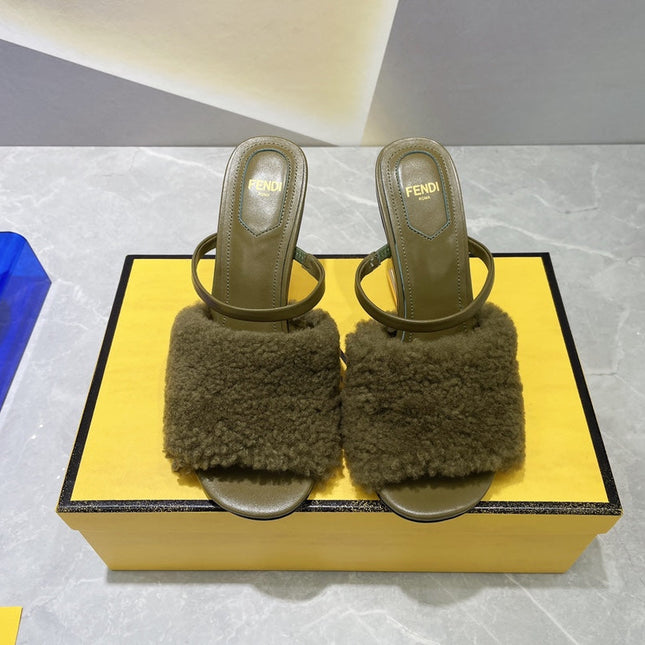 FENDI FIRST HIGH HEEL 95 MM SANDAL IN OLIVE GREEN MINK FUR