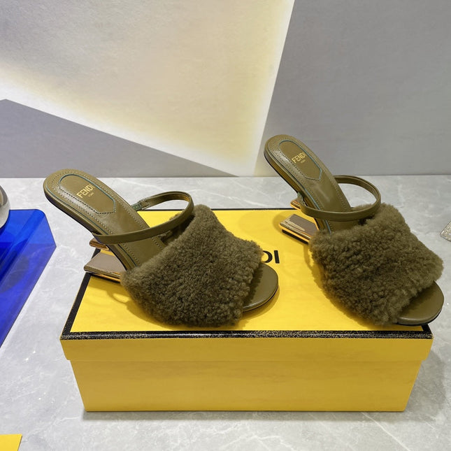 FENDI FIRST HIGH HEEL 95 MM SANDAL IN OLIVE GREEN MINK FUR
