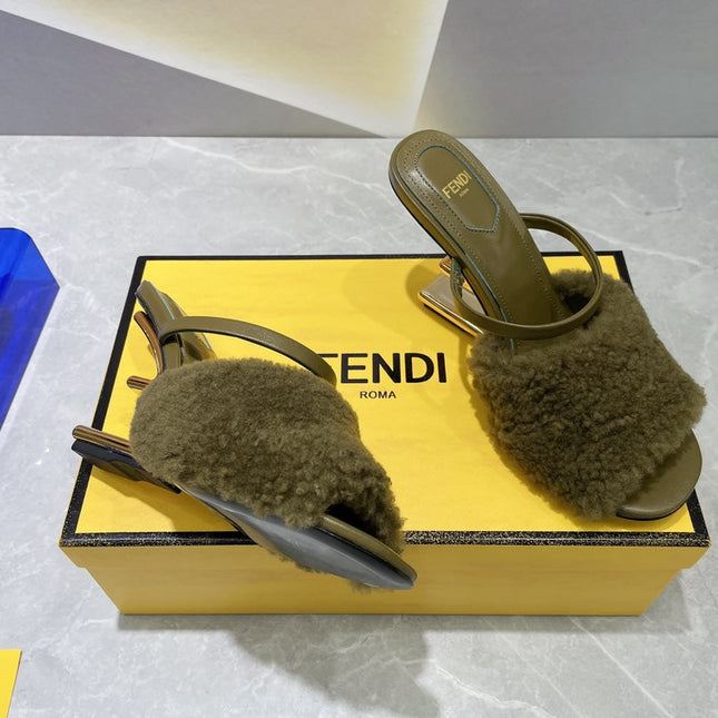 FENDI FIRST HIGH HEEL 95 MM SANDAL IN OLIVE GREEN MINK FUR