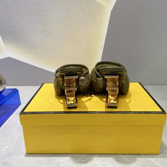 FENDI FIRST HIGH HEEL 95 MM SANDAL IN OLIVE GREEN MINK FUR