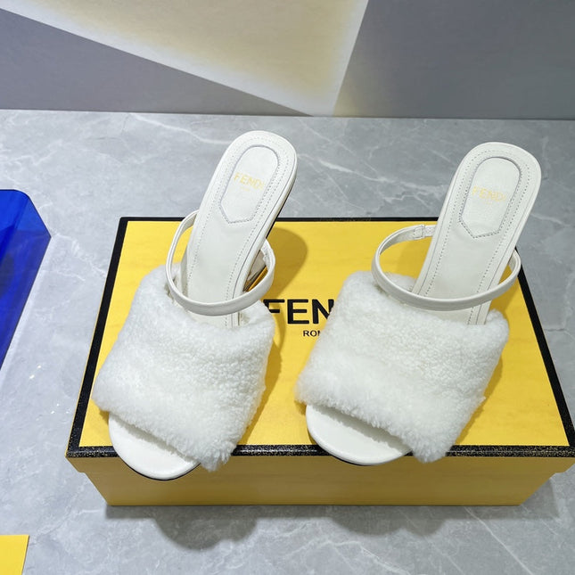 FENDI FIRST HIGH HEEL 95 MM SANDAL IN WHITE MINK FUR