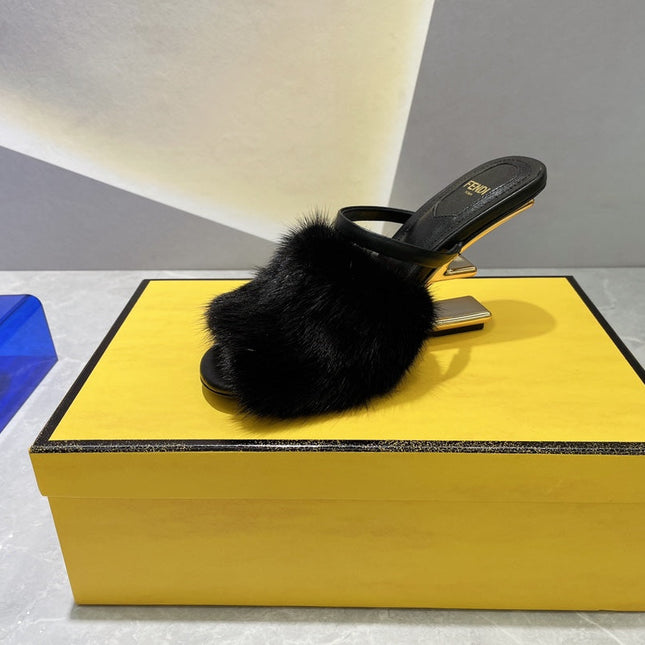 FENDI FIRST HIGH HEEL 95 MM SANDAL IN BLACK MINK FUR