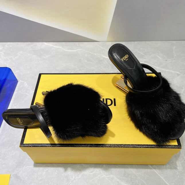 FENDI FIRST HIGH HEEL 95 MM SANDAL IN BLACK MINK FUR