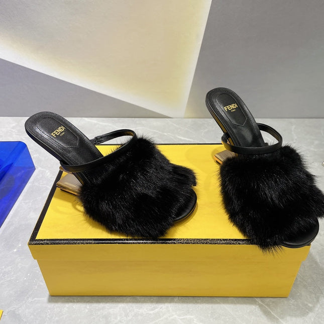 FENDI FIRST HIGH HEEL 95 MM SANDAL IN BLACK MINK FUR