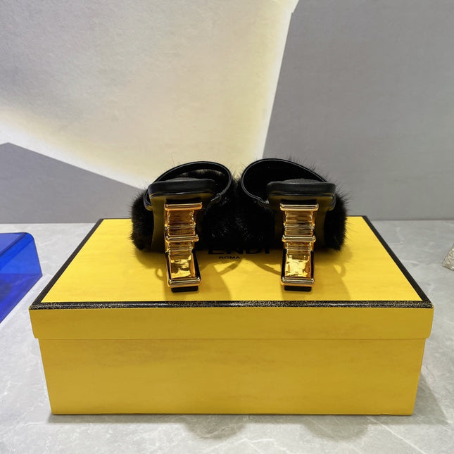 FENDI FIRST HIGH HEEL 95 MM SANDAL IN BLACK MINK FUR