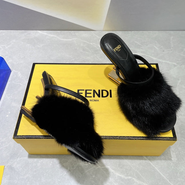 FENDI FIRST HIGH HEEL 95 MM SANDAL IN BLACK MINK FUR