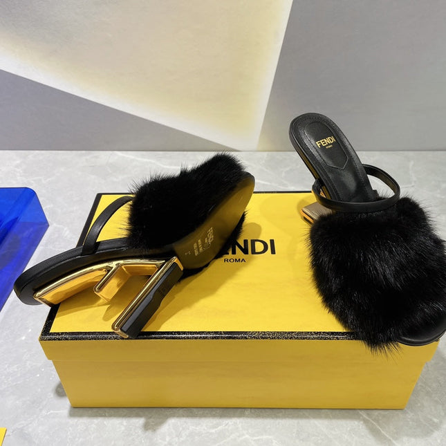 FENDI FIRST HIGH HEEL 95 MM SANDAL IN BLACK MINK FUR