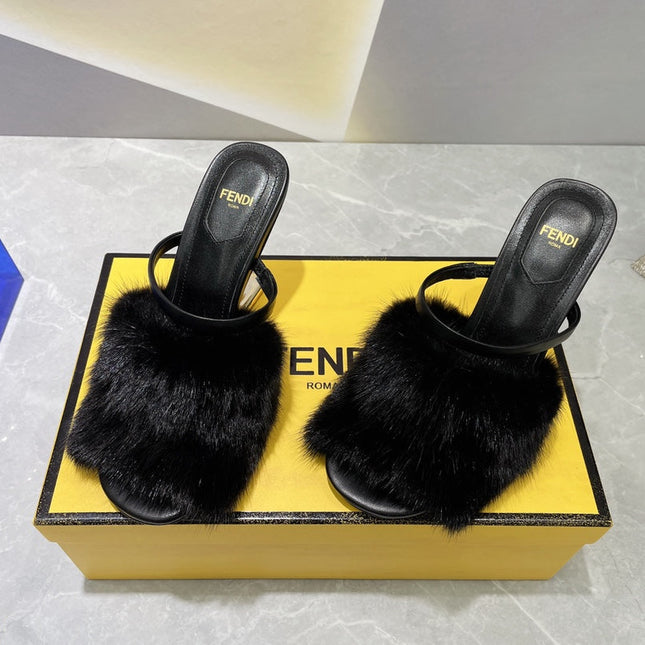 FENDI FIRST HIGH HEEL 95 MM SANDAL IN BLACK MINK FUR