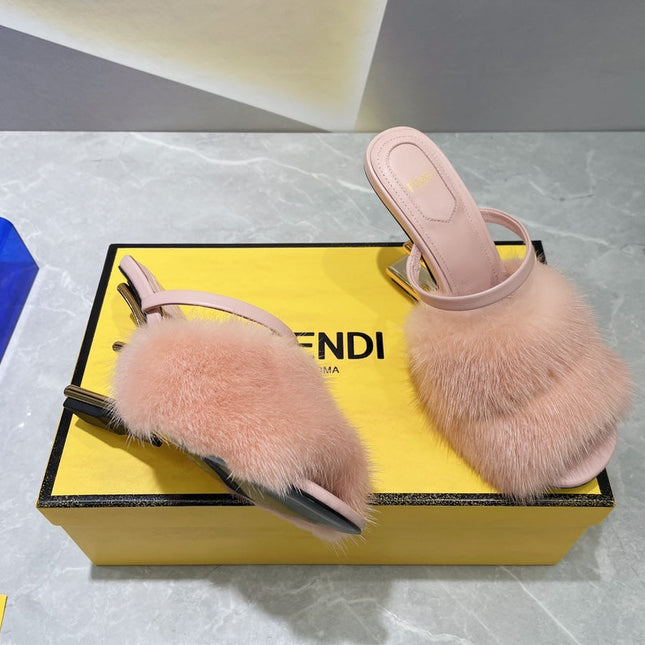 FENDI FIRST HIGH HEEL 95 MM SANDAL IN LIGHT PINK MINK FUR