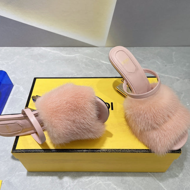 FENDI FIRST HIGH HEEL 95 MM SANDAL IN LIGHT PINK MINK FUR
