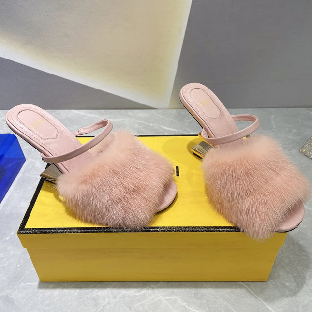 FENDI FIRST HIGH HEEL 95 MM SANDAL IN LIGHT PINK MINK FUR