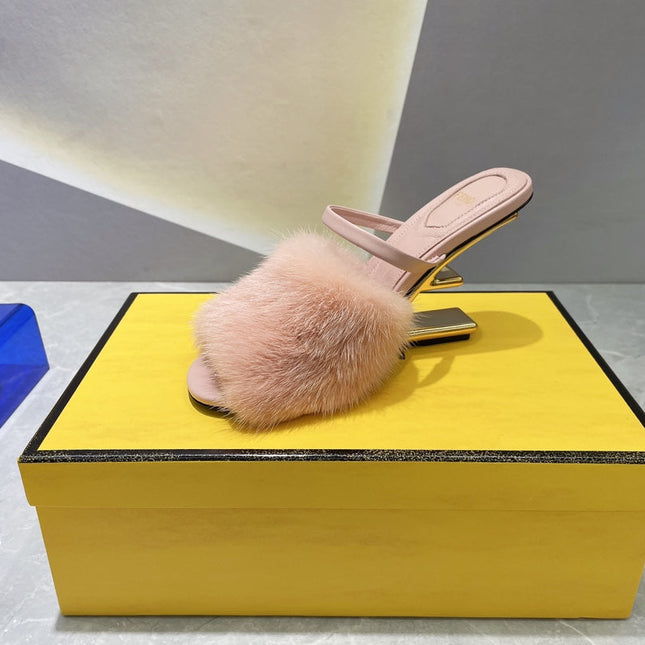 FENDI FIRST HIGH HEEL 95 MM SANDAL IN LIGHT PINK MINK FUR