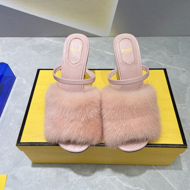 FENDI FIRST HIGH HEEL 95 MM SANDAL IN LIGHT PINK MINK FUR