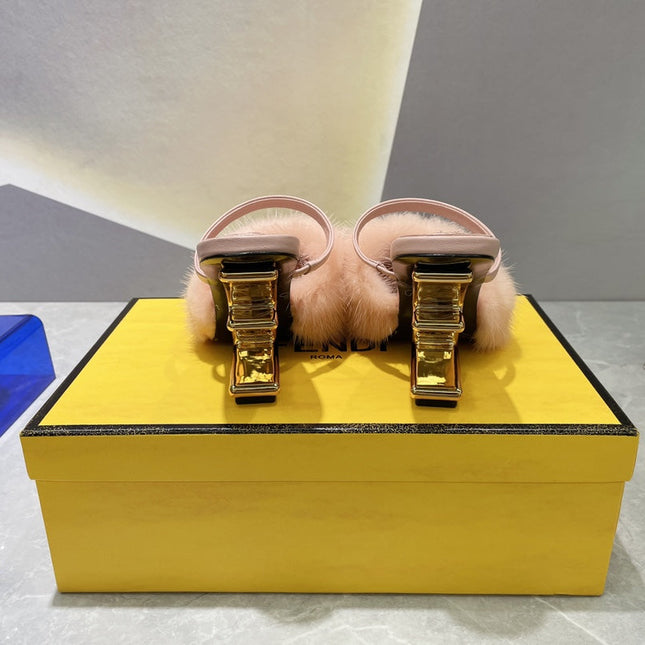 FENDI FIRST HIGH HEEL 95 MM SANDAL IN LIGHT PINK MINK FUR