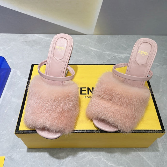 FENDI FIRST HIGH HEEL 95 MM SANDAL IN LIGHT PINK MINK FUR