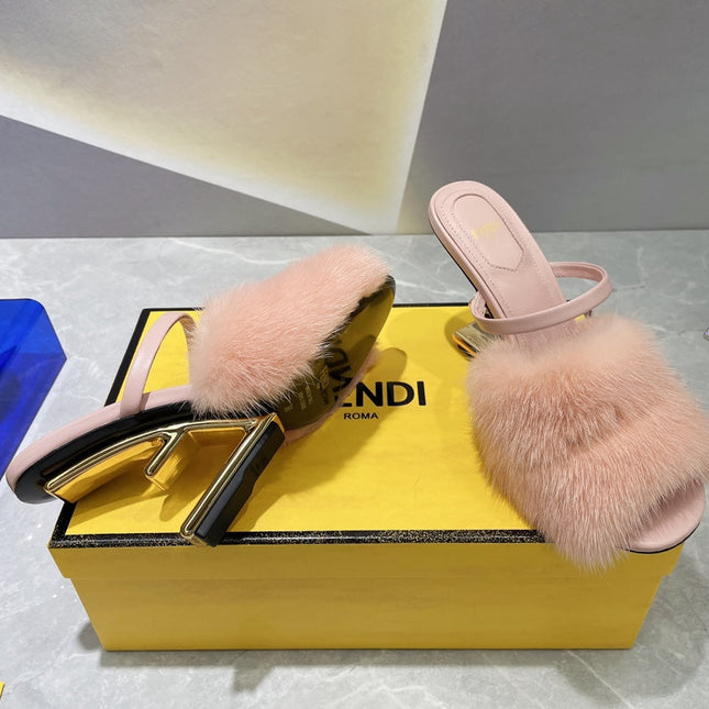 FENDI FIRST HIGH HEEL 95 MM SANDAL IN LIGHT PINK MINK FUR