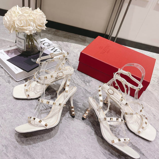 HIGH HEEL 6 CM SANDAL IN WHITE LAMBSKIN WITH STUDS