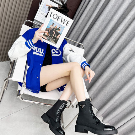 LACE-UP ANKLE BOOTS IN BLACK DENIM AND SHEEPSKIN LINING