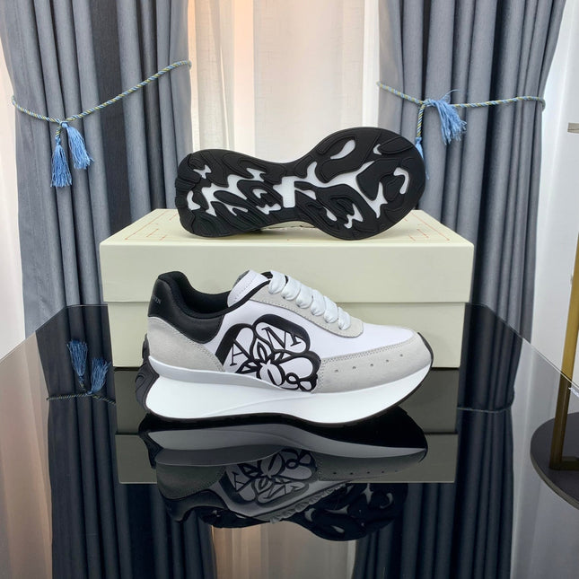 SPRINT RUNNER LOW-TOP IN WHITE CALFSKIN GREY SUEDE AND BLACK HEEL