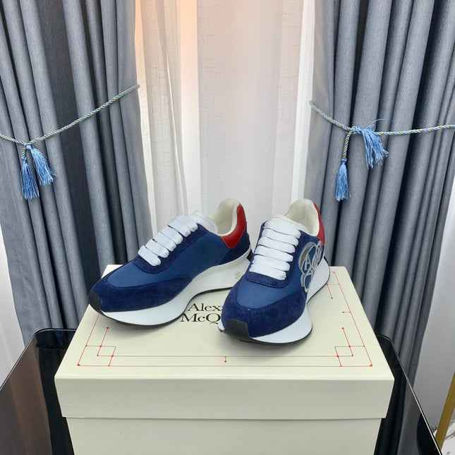 SPRINT RUNNER LOW-TOP NAVY BLUE SUEDE SILVER EMBROIDERED LOGO RED HEEL