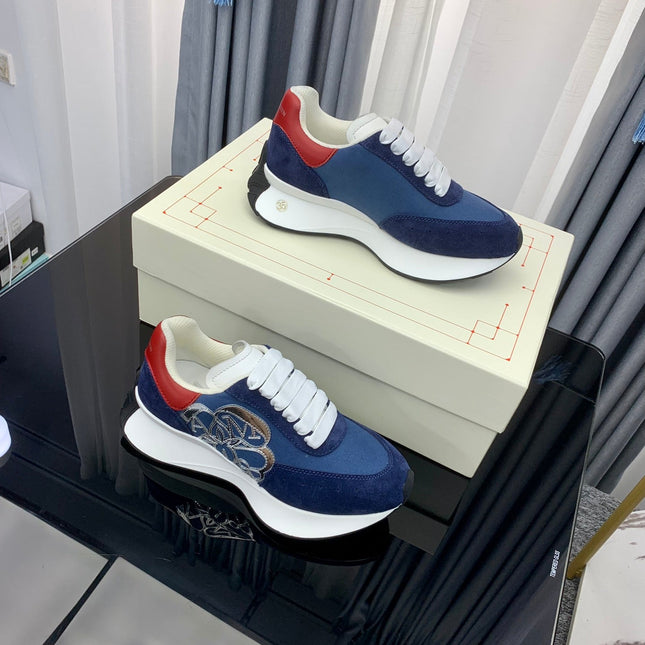 SPRINT RUNNER LOW-TOP NAVY BLUE SUEDE SILVER EMBROIDERED LOGO RED HEEL