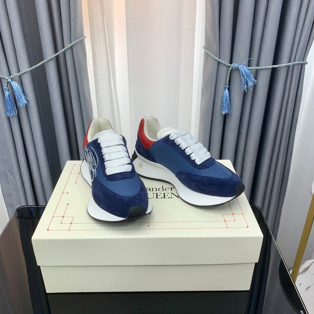 SPRINT RUNNER LOW-TOP NAVY BLUE SUEDE SILVER EMBROIDERED LOGO RED HEEL