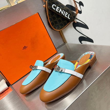 0Z MULE CARAMEL AND SKY CALFSKIN WITH PATTERN