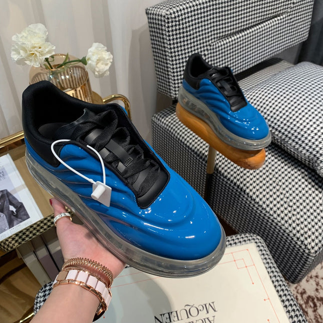 OVERSIZED SNEAKERS IN BLUE SHINY CALFSKIN WITH WAVE PATTERN AND CLEAR SOLE