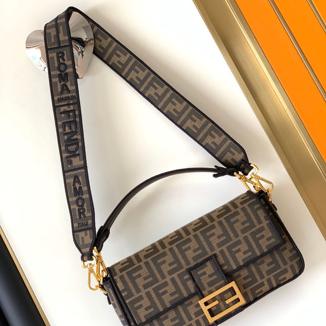Fend Baguette 27 Brown FF Jacquard Fabric Bag Ghw