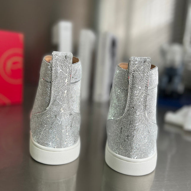 GLITTER LOU SPIKES STUDDED HIGH-TOP SNEAKERS IN SILVER-TONE CALFSKIN