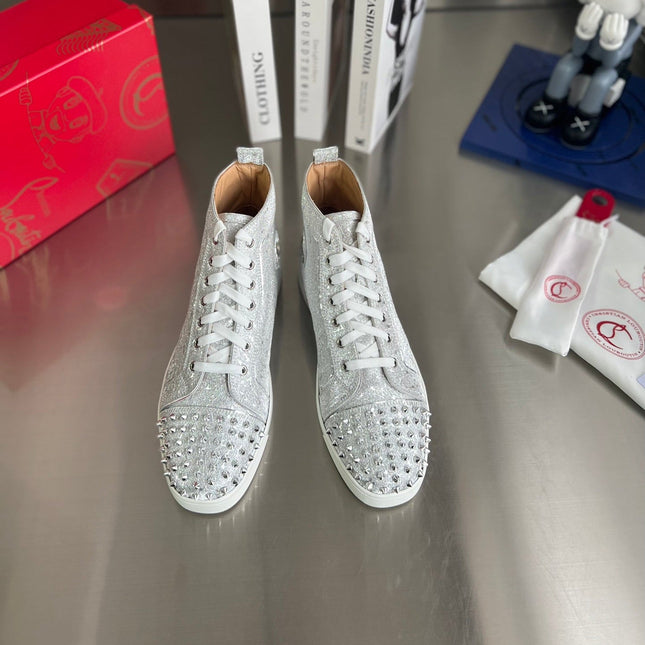 GLITTER LOU SPIKES STUDDED HIGH-TOP SNEAKERS IN SILVER-TONE CALFSKIN