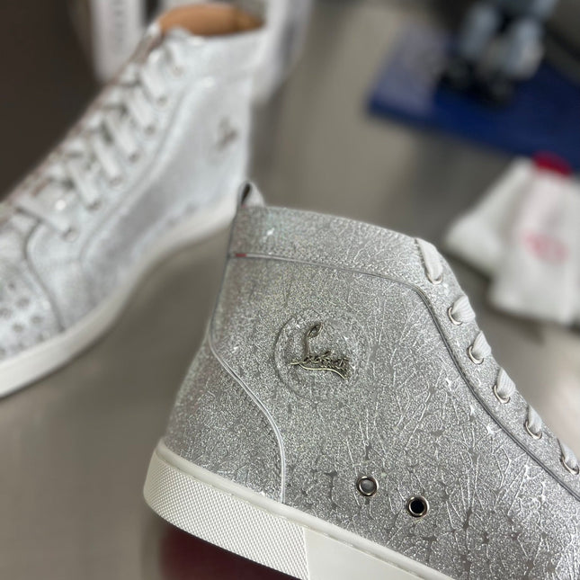 GLITTER LOU SPIKES STUDDED HIGH-TOP SNEAKERS IN SILVER-TONE CALFSKIN