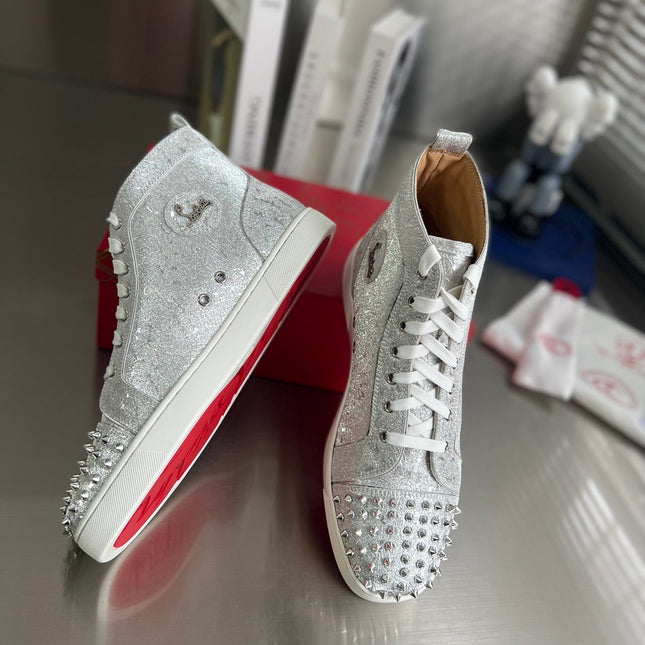 GLITTER LOU SPIKES STUDDED HIGH-TOP SNEAKERS IN SILVER-TONE CALFSKIN