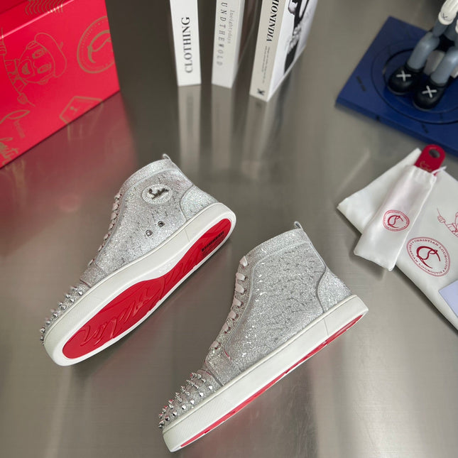 GLITTER LOU SPIKES STUDDED HIGH-TOP SNEAKERS IN SILVER-TONE CALFSKIN