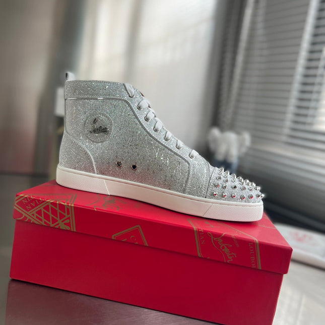 GLITTER LOU SPIKES STUDDED HIGH-TOP SNEAKERS IN SILVER-TONE CALFSKIN