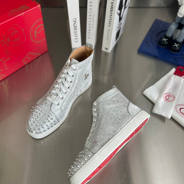GLITTER LOU SPIKES STUDDED HIGH-TOP SNEAKERS IN SILVER-TONE CALFSKIN