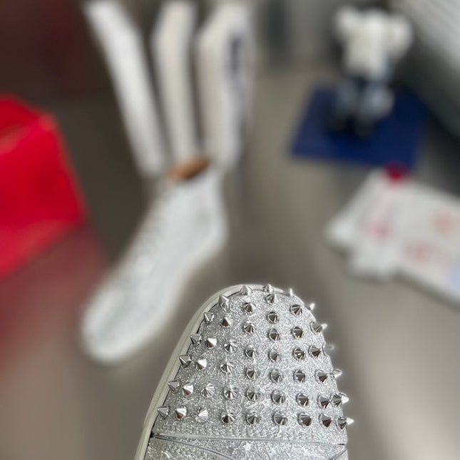 GLITTER LOU SPIKES STUDDED HIGH-TOP SNEAKERS IN SILVER-TONE CALFSKIN
