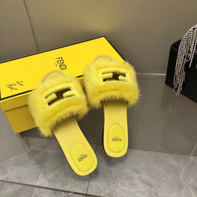 FENDI BAGUETTE MINK SLIDE SLIPPER IN BRIGHT YELLOW FUR