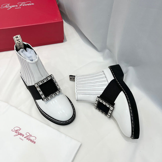 VIV' RANGERS CHELSEA BOOTIES IN WHITE CALFSKIN CRYSTAL BUCKLE