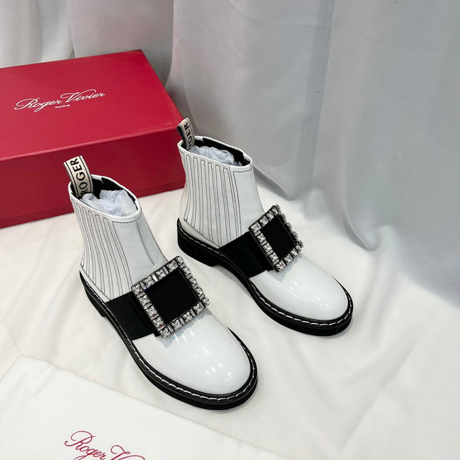 VIV' RANGERS CHELSEA BOOTIES IN WHITE CALFSKIN CRYSTAL BUCKLE