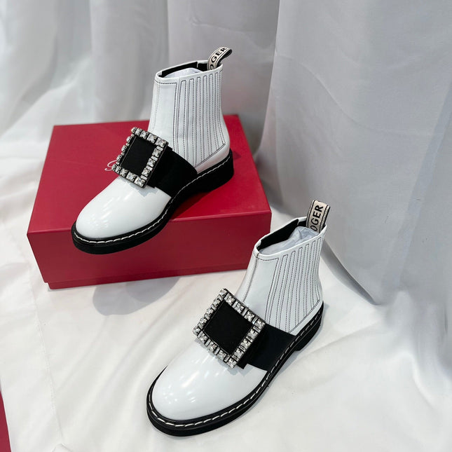 VIV' RANGERS CHELSEA BOOTIES IN WHITE CALFSKIN CRYSTAL BUCKLE