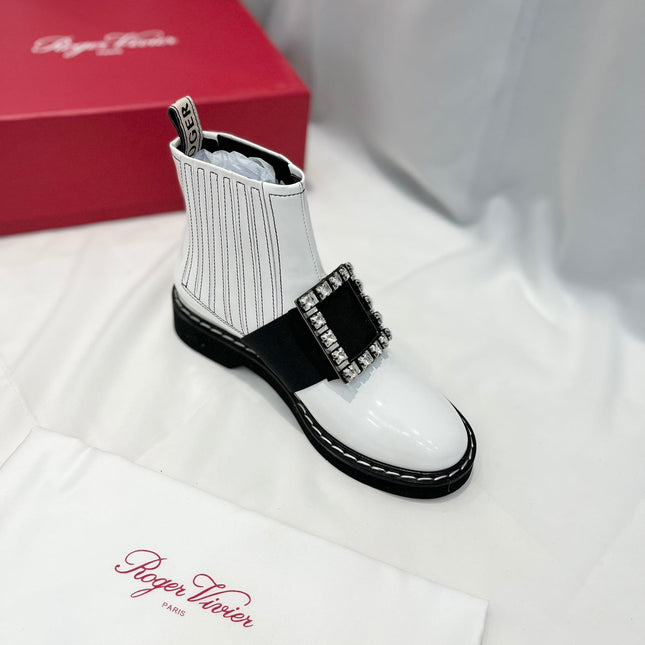 VIV' RANGERS CHELSEA BOOTIES IN WHITE CALFSKIN CRYSTAL BUCKLE