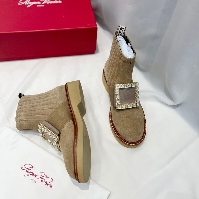 VIV' RANGERS CHELSEA BOOTIES IN LIGHT BROWN SUEDE CRYSTAL BUCKLE