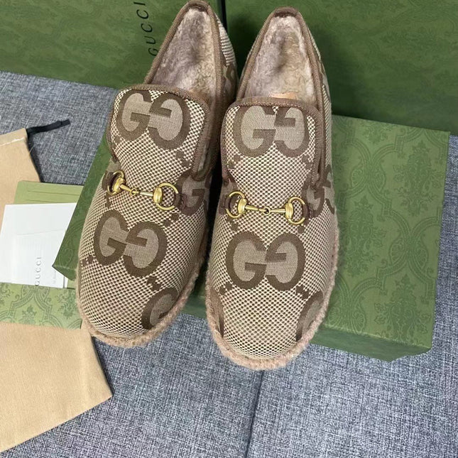 GG HORSEBIT LOAFER IN ECRU BEIGE WOVEN FABRIC AND WOOL MIX LAMB FUR LINING