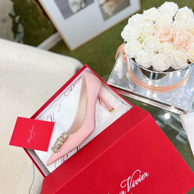 EFFLORESCENCE POINTED-TOE PUMPS IN YOUR PINK SATIN WITH CRYSTAL BUCKLE