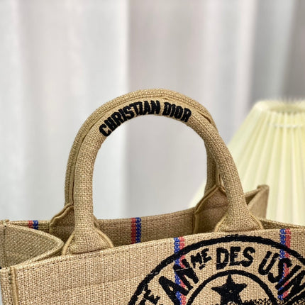 SHOPPING BAG 26 IN BEIGE AND BLACK EMBROIDERED CANVAS