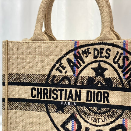 SHOPPING BAG 26 IN BEIGE AND BLACK EMBROIDERED CANVAS
