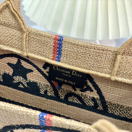 SHOPPING BAG 26 IN BEIGE AND BLACK EMBROIDERED CANVAS